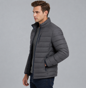 Veste matelassée bleu marine pour homme, col montant, fermeture éclair, coupe-vent décontractée, rembourrage en polyester, pour l'automne - Product Image 3