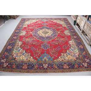 Tapis turc 9,4 x 12,5 pieds, tapis, tapis à bordure rouge en laine - Product Image 1