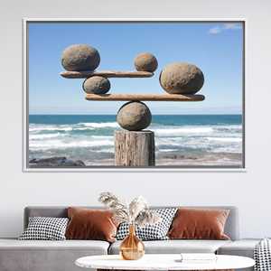 Impression sur toile élégante « Équilibre des pierres zen » : Art de la roche méditative de la plage, TOILE ENCADRÉE BLANCHE - Product Image 1