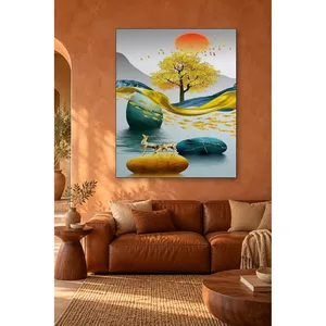 Impression sur toile Fida Golden Tree and Deer sur pierres vertes - Product Image 1