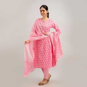 Ensemble Kurta en coton pour femmes de style indien, tenue ethnique, imprimé en coton avec un design de col, Kurti et pantalon en forme de A avec un ensemble Dupatta - Product Image 3