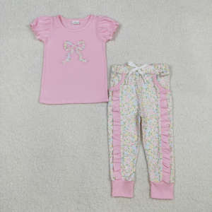 Conjunto de Ropa para Niñas Tds, Estampado Floral Rosa, Volantes, Lazo Bordado, Casual, Primavera Otoño, Pantalones, Manga Corta, Algodón Transpirable - Product Image 3