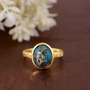 Fabricante de anillos de piedras preciosas de alta calidad, cobre Natural, turquesa, ovalado, Plata de Ley 925, conjunto de bisel chapado en oro, regalo para mujer - Product Image 1
