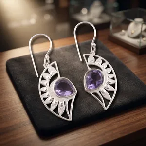 Boucles d'oreilles pendantes Niharika Gems pour femmes en argent sterling 925, motif floral serti d'iolite violette, certifiées par un tiers - Product Image 2