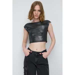 Blusa Corta Informal de Manga Corta con Cuello Redondo y Logotipo Frontal, Viscosa/Poliéster 220g - Product Image 2