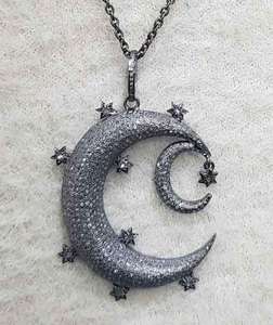 Luna estrellas colgante 925 plata esterlina Natural Pave diamante Vintage negro rodio plateado joyería 50x40MM tamaño para boda - Product Image 1