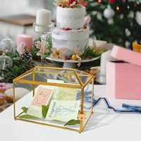 Boîte à cartes de mariage avec fente, boîte à enveloppes en verre doré avec couvercle pour réception de fête d'anniversaire, centre de table rectangulaire vintage