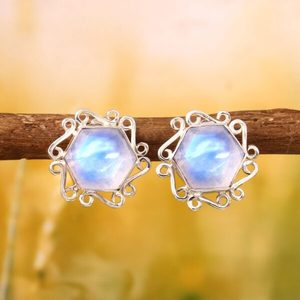 Handmade 925 Sterling Silver <b>Fine</b> <b>Stud</b> <b>Earrings</b> Cute Style Hexagon Rainbow Moonstone Bezel Setting Gemstone Jewelry Engagement - Product Image 4
