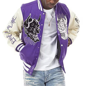 OEM personalizado Vintage chaqueta de bombardero de los hombres de soporte de cuello de cuero de vaca de manga Chenille parche bordado de béisbol Letterman Varsity - Product Image 5