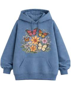 Ensemble sweat-shirt à capuche et pantalon de jogging imprimé papillon bleu floral pour femme, sweat-shirt en molleton avec pantalon assorti, tenue décontractée d'hiver - Product Image 1