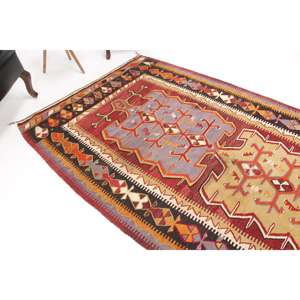 Alfombra Turca Vintage de 4.6x12.6 pies, Alfombra de Lana Roja con Diseño Floral - Product Image 1