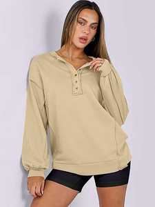 Sudadera Holgada Informal de Manga Larga con Capucha y Botones Delanteros para Mujer, Estilo Vintage, Color Beige Claro, Cómoda y Holgada para Invierno - Product Image 3