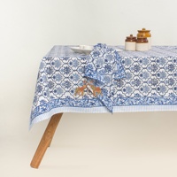 Couverture de table à fleurs bleues imprimée main traditionnelle indienne pour Banquets Hôtel Nappe en coton brodé réutilisable