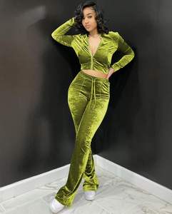 <b>Womens</b> 2 Piece Velour Tracksuit Two Piece Outfits for <b>Women</b> <b>Long</b> Sleeve Zip Up Crop <b>Tops</b> Sweatpants Sets Pockets - Product Image 1