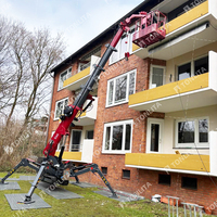 Mini-grue araignée compacte sur chenilles, hydraulique, télécommandée, avec bras de levage, ventouse à vide pour verre, flèche télescopique et nacelle de travail