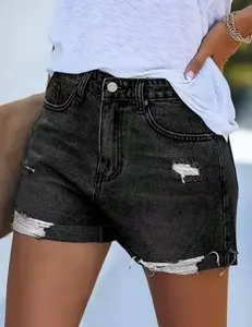 Short taille haute d'été pour femmes vente directe d'usine lâche cylindre droit jambe large bord roulé porté bleu noir coton - Product Image 4