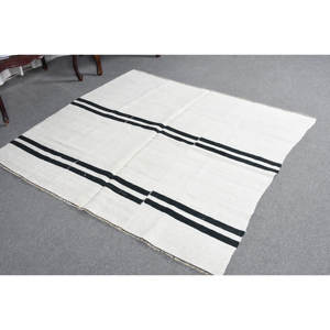 Tapis Moderne Blanc Noir en Laine 5.2X5.5 pieds Classique Style Turc Patchwork Design Rayé pour Adolescent Salon Couloir Latex - Product Image 4