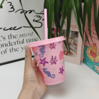 Gobelets en plastique personnalisés de 16 oz avec couvercles et pailles, réutilisables, motif hippocampe marin, pour fêtes estivales à la piscine, vente en gros