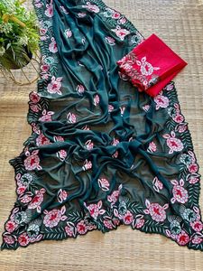 Belle fleur broderie Georgette soie Sarees dernières tendances de vêtements indiens pakistanais magnifique broderie travail Sari soie - Product Image 3