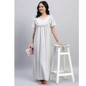 Chemise de nuit en dentelle victorienne 100% coton pour femmes, manches courtes, longueur totale, tissu respirant, col imprimé, design estival - Product Image 1