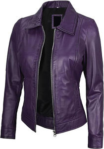เสื้อแจ็กเก็ตหนังแกะแท้สำหรับผู้หญิงแขนยาวมีกระเป๋าด้านหน้าสองข้างผ้าแคนวาสสีม่วงผลิตภัณฑ์สำเร็จรูปตามสั่ง - Product Image 3