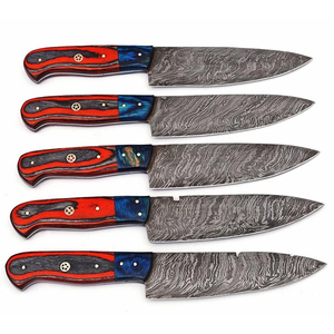 Ensemble de couteaux de chef en acier Damas avec manche en bois massif, entièrement fabriqué à la main, lames à 67 couches, design ambidextre, cinq pièces, bord durable - Product Image 4