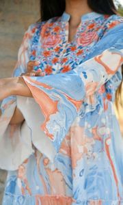 เดรสแม็กซี่งานทำมือดีไซน์เนอร์แฟชั่นใหม่ใหม่แขนสามส่วนความยาว Midi พิมพ์ลายปักกระดุมตกแต่งธรรมชาติ - Product Image 2