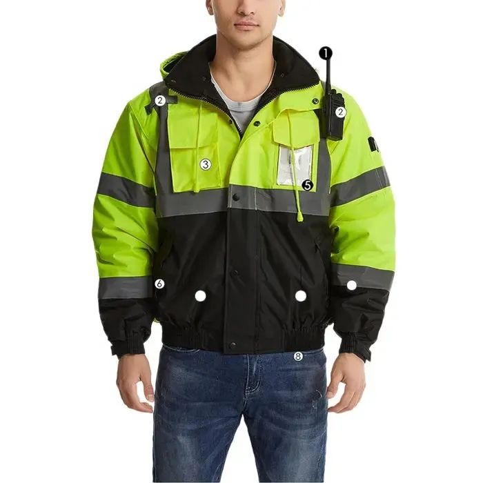 ODM OEM סיטונאות Hi Vis מעילי נראות גבוהה שרוול ארוך רעיוני בנייה בטיחות מעיל חורף עם רוכסן וכיסים