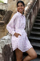 Robe évasée pour femme en coton écologique, imprimée à la main, style streetwear, motif floral, manches longues boutonnées