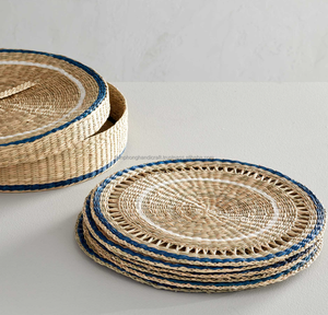 Napperons ronds en jonc de mer avec bord bleu | 3 couleurs napperons naturels tissés à la main pour mariage à la maison hôtel restaurant - Product Image 1