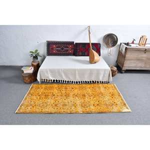 Alfombra clásica de lana turca Vintage de 3x6, patrón de retales amarillo brillante y naranja, tejido plano, alfombra para sala de estar, respaldo de látex, nuevo - Product Image 3