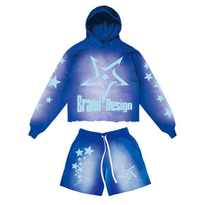 Conjunto de Sudadera con Capucha y Pantalones Cortos para Hombre, Estilo Desgastado, Estampado, 100% Algodón, Felpa Francesa, Liso, Desteñido al Sol - Product Image 4