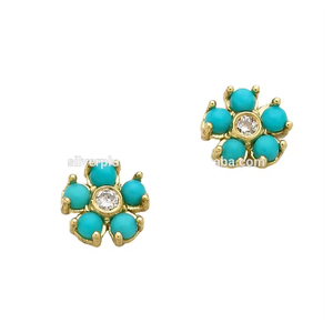 Solid 18k Yellow Gold Diamond <b>Turquoise</b> <b>Stud</b> <b>Earrings</b> Wholesale Jewelry - Product Image 4