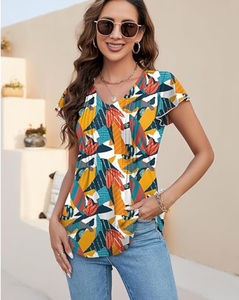 Blusas de Mujer Elegantes Casuales de Verano con Mangas con Volantes, Camisetas de Poliéster Modernas con Mangas Cortas con Volantes, Cuello en V Regular, Lavables - Product Image 2
