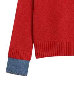 Customized <b>Women</b> <b>Red</b> Knit Sweater With Denim Collar Button Neck Long Sleeve Pullover Casual Winter Top Soft Acrylic Blend - Product Image 6