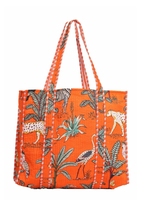Bolso de Hombro Acolchado Tipo Duffle, de Algodón con Estampado a Mano, Diseño Naranja Selva, Ecológico, Sostenible, para Compras, Playa, Estilo Boho, Fin de Semana