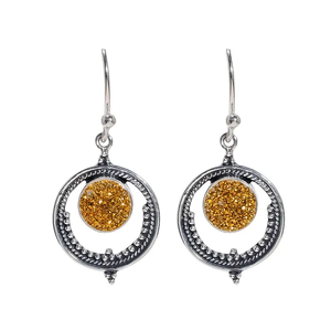 Boucles d'oreilles pendantes artisanales en argent sterling 925 pour femme, avec agate dorée en titane et pierres précieuses Drusy, design chrétien, qualité AAA IGI - Product Image 1