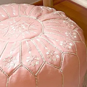 摩洛哥真皮粉色坐垫脚凳手工缝制圆形皮垫家居装饰低座脚凳