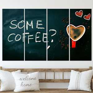 Toile d'art imprimée moderne : décoration murale sur le thème du café, œuvre d'art en forme de cœur, cuisine, lot de 4 toiles - Product Image 1