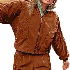 New Women Casual <b>Green</b> Windbreaker Tracksuit Set 2 Piece Windproof Zip Hooded Crop <b>Top</b> Short Windbreak - Product Image 2