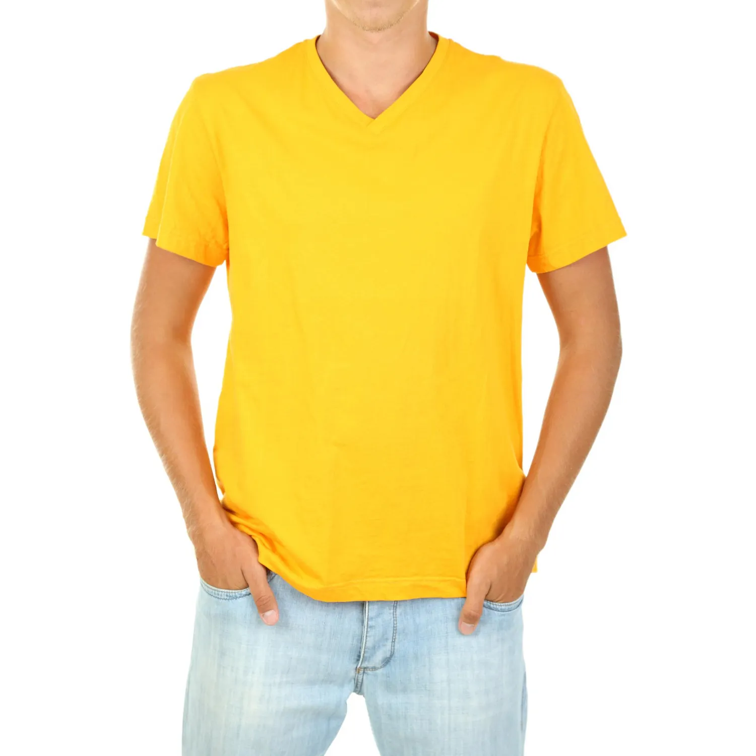 Wholesale Custom Print Brand Logo Thick Rib V-Neck Cotton Yellow T Shirt Solid Color Casual Slim Fit Men's T-Shirts