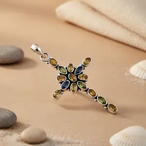 Colgante de Cruz de Plata 925 con Piedras Preciosas, Joyería Hecha a Mano en Oro Rosa y Platino para Mujer, Colgantes con Baño de Rodio, Regalo - Product Image 1