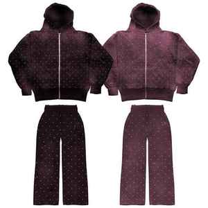 Sweat à capuche avec strass personnalisé d'hiver, délavé à l'acide, imprimé sur toute la surface, et pantalon de survêtement évasé, ensemble de survêtement unisexe - Product Image 3