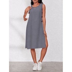 Robe courte à bretelles et col rond pour femme avec boutons latéraux, 34584 - Gris - Product Image 2