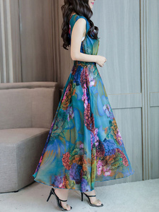 Vibrant <b>Romantic</b> Multi Color Wrap Tea-Length A-Line <b>Dress</b> Contrast Chiffon Sleeveless V-Neck Floral Breathable <b>Dress</b> - Product Image 5