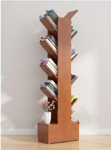 Étagère à livres moderne en bois de manguier avec design polygonal à cinq niveaux, meuble de rangement sur pied pour salon, style minimaliste - Product Image 5