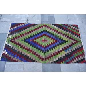 Ethnic Green Blue Wool <b>Rug</b> 2.7 X 4.6ft Large Area Turkish Carpet Rectangle Patchwork Design for Living Room <b>Hallway</b> Latex - Product Image 3