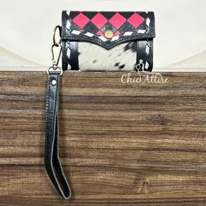 Wholesale Hand <b>Tooled</b> Cowhide Leather Coin Purse Western Style Checkered Pattern Credit Card Holder Pouch with Ring for Women - Product Image 1