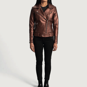 Chaqueta de piel de oveja auténtica estilo motorista Rumy Maroon para mujer, chaqueta de moto semialineada a prueba de viento, nombre del equipo personalizado - Product Image 6