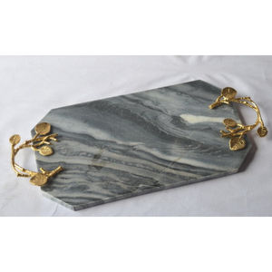 Plateau de service moderne en marbre blanc poignées élégantes en laiton de feuille d'or centre de table décoratif artisanal pour mariages décor à la maison - Product Image 3